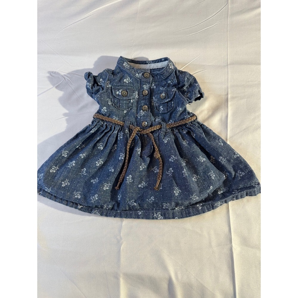 Carters Blue Floral Chambray Denim Button Front Belted Dress Baby Girl Sz 3 Mos